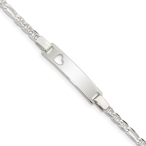 Sterling Silver Engravable Anchor Figaro Link Cut-out Heart 27x 5mm Plate ID Bracelet, 6"