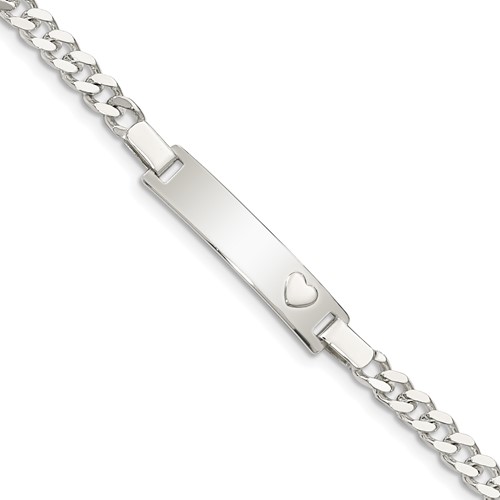 Sterling Silver Engravable Curb Link 27x 5mm Plate Bracelet with Heart ID, 6"