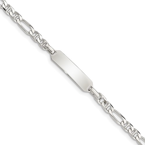 Sterling Silver Engravable Figaro Anchor Link 21x 5mm Plate Plus 1 Inch Extender ID Bracelet, 5"
