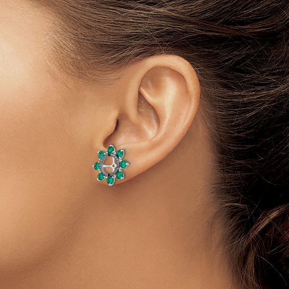 Sterling Silver Rhodium Created Emerald & Black Sapphire Earring Jacket