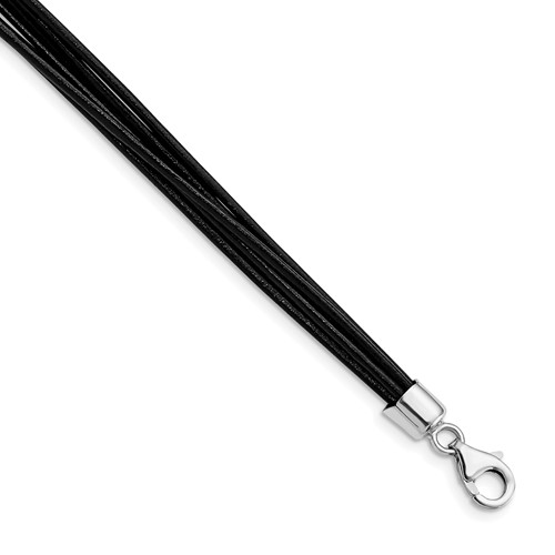 Sterling Silver Rhodium-plated 7-Strand Black Leather Necklace, 16"