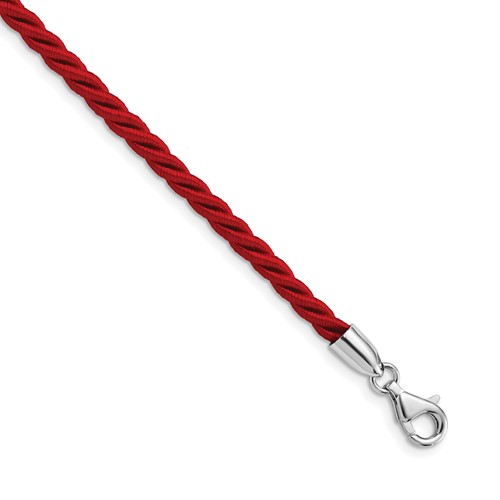Sterling Silver Rhodium-plated Twisted Red Satin Cord Necklace, 18"