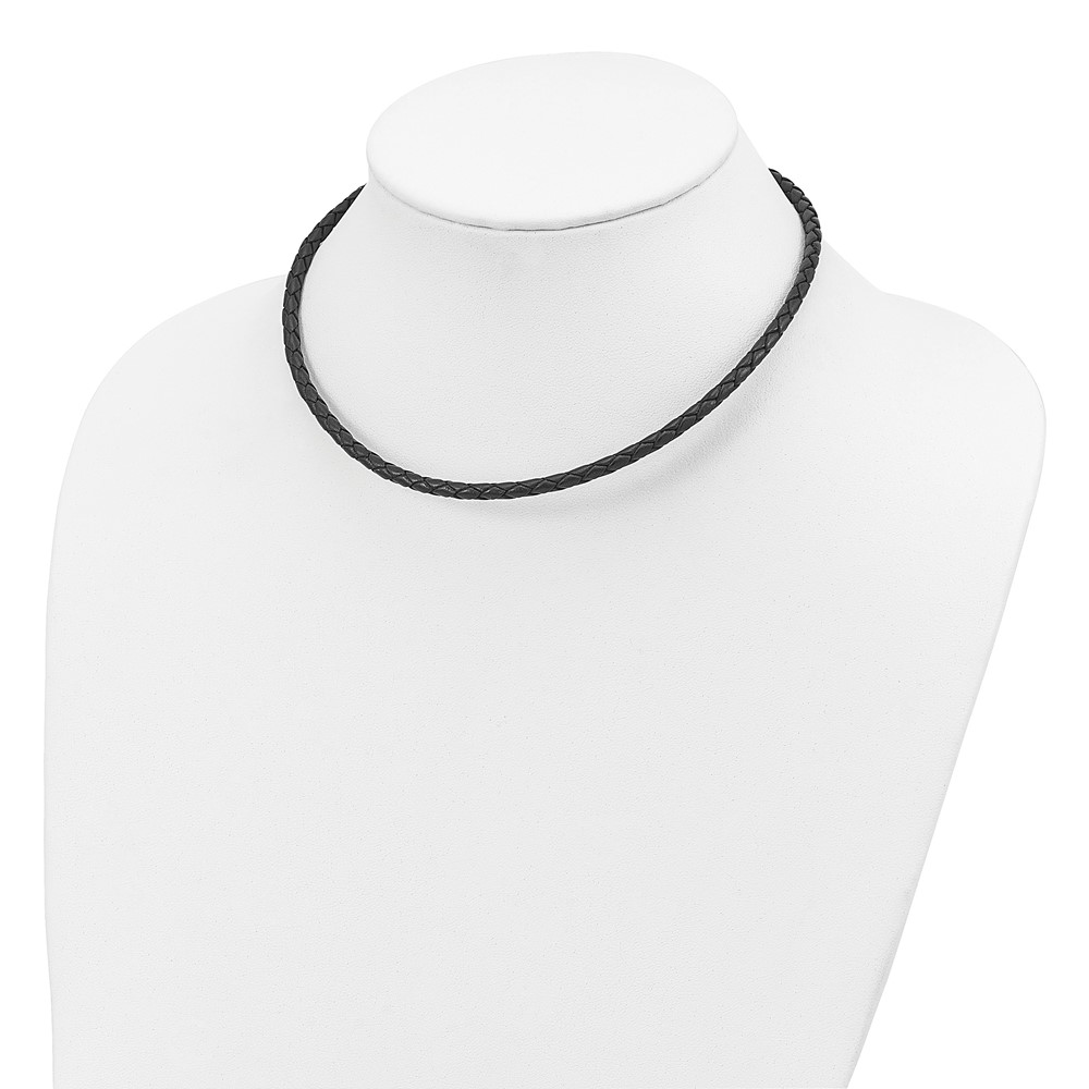 Sterling Silver 20inch 4mm Black Leather Braided Necklace (QK89-20)