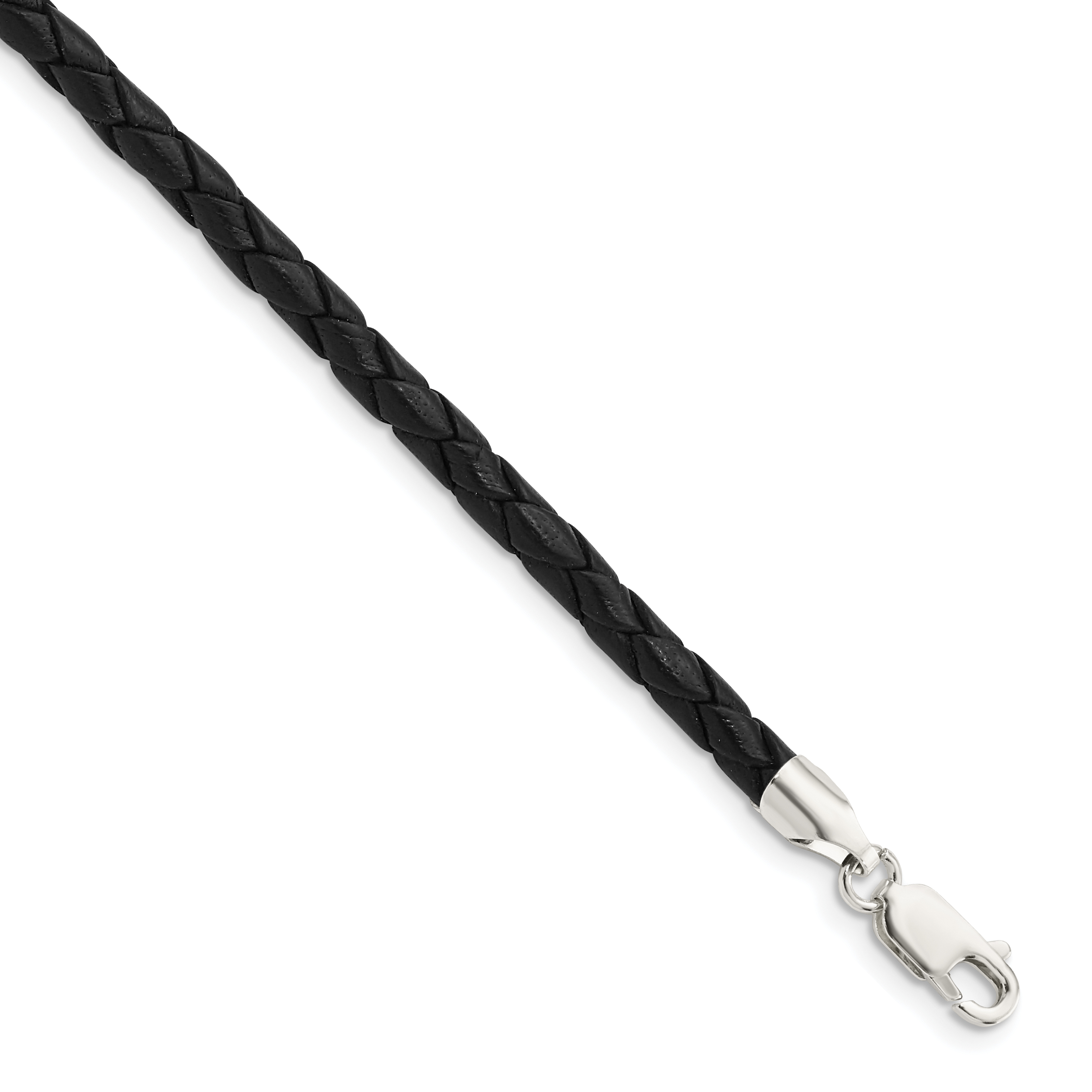 Sterling Silver 20inch 4mm Black Leather Braided Necklace (QK89-20)