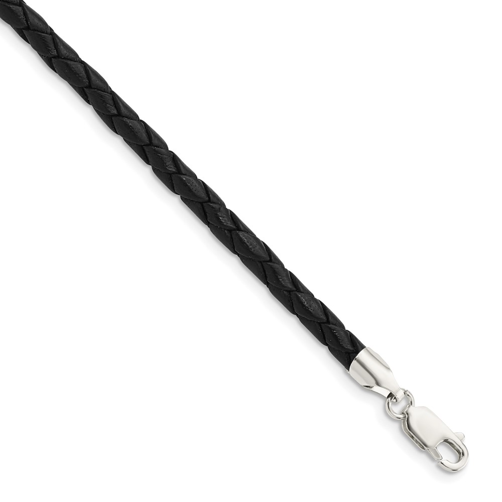 Sterling Silver 20inch 4mm Black Leather Braided Necklace (QK89-20)