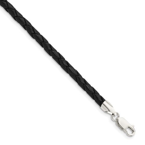 Sterling Silver 4mm Braided Black Leather Necklace, 16"