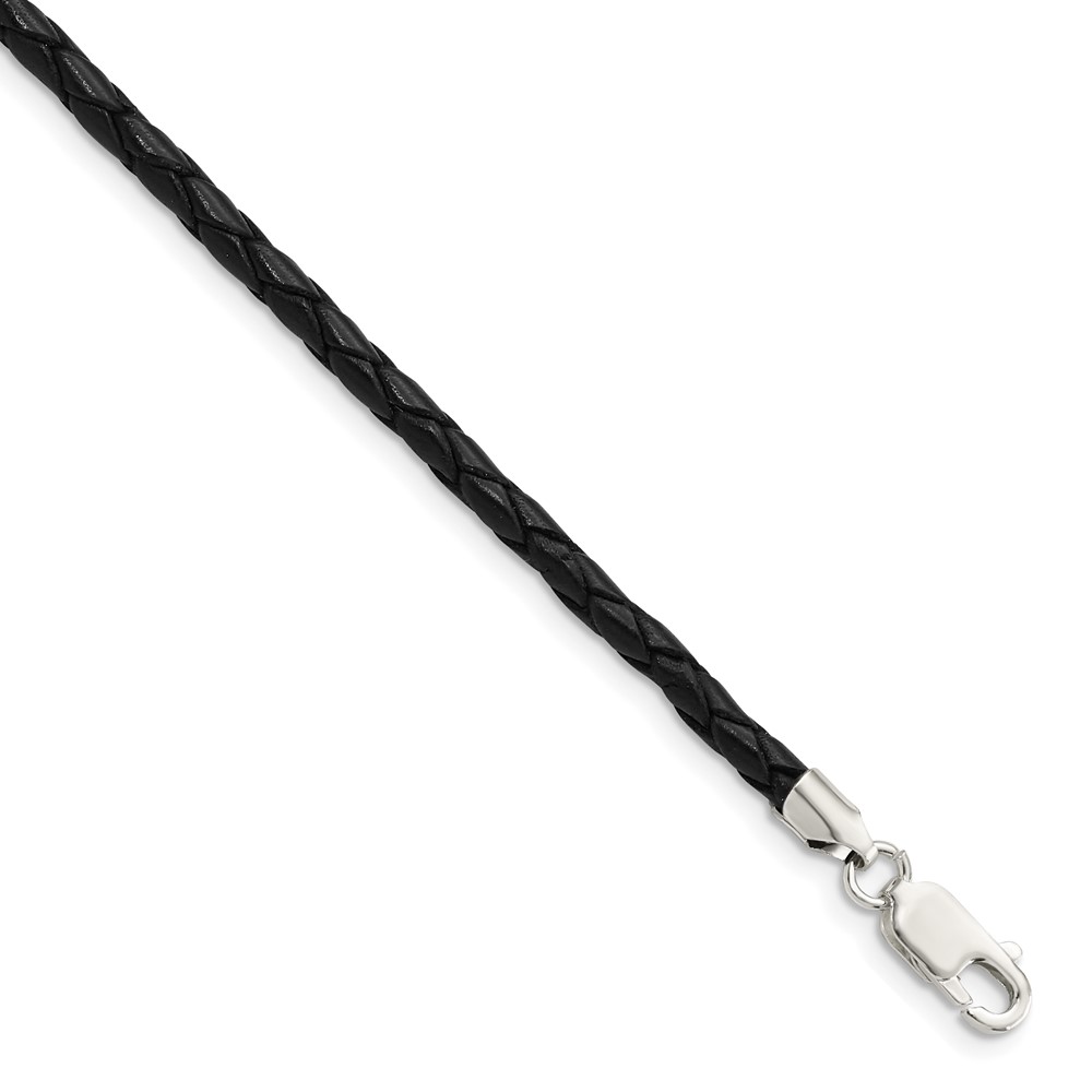 Sterling Silver 20inch 3mm Black Leather Braided Necklace (QK90-20)