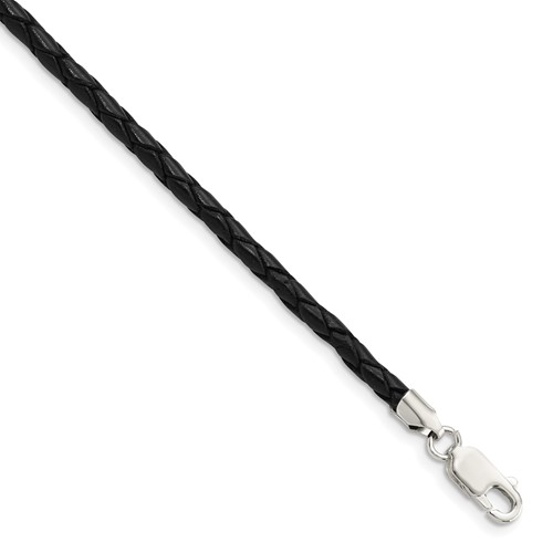 Sterling Silver 3mm Braided Black Leather Necklace, 16"