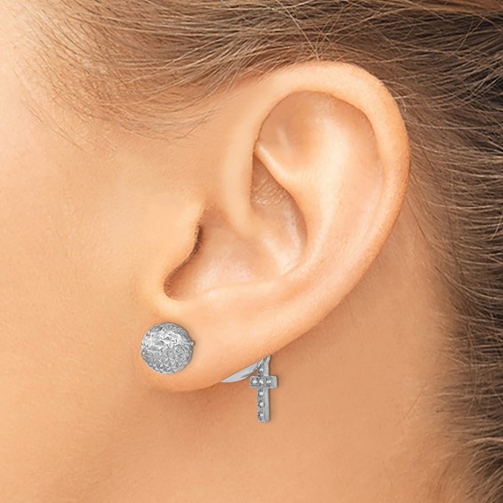 Leslie's Sterling Silver Rhodium-plated CZ Cross Front and Back Earrings