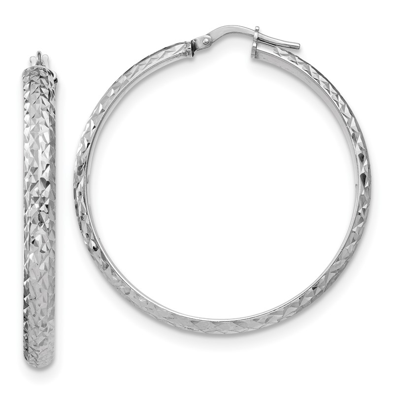 Sterling Silver RH-plated Polished & Textured Hoop Earrings