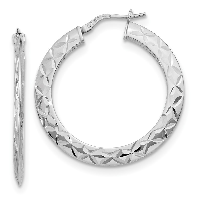 Sterling Silver RH-plated Polished & D/C Hoop Earrings