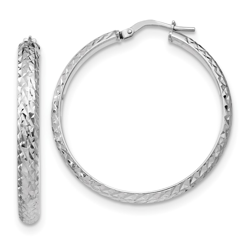 Sterling Silver RH-plated Polished & Textured Hoop Earrings