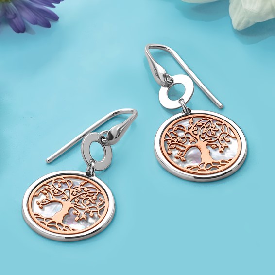 Leslie's Sterling Silver & Rose-tone MOP Tree of Life Dangle Earrings