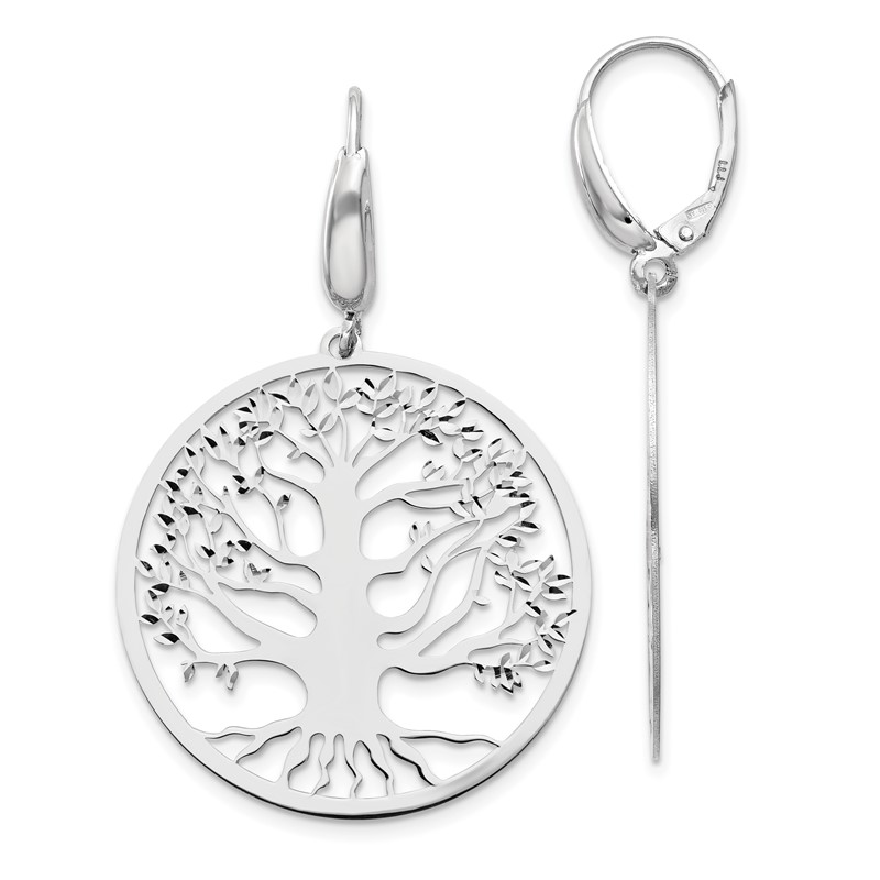 Sterling Silver RH-plated Polished Tree of Life Leverback Earrings
