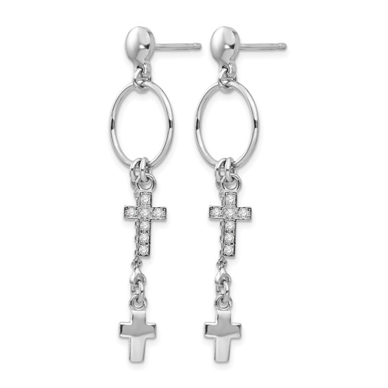 Leslie's Sterling Silver Rhodium-plated CZ Cross Dangle Earrings