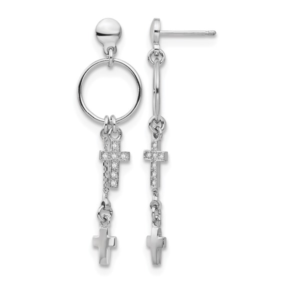 Leslie's Sterling Silver Rhodium-plated CZ Cross Dangle Earrings