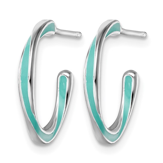 Leslie's Sterling Silver Rhodium-plated Aqua Enameled Hoop Earrings
