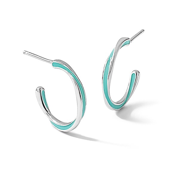 Leslie's Sterling Silver Rhodium-plated Aqua Enameled Hoop Earrings