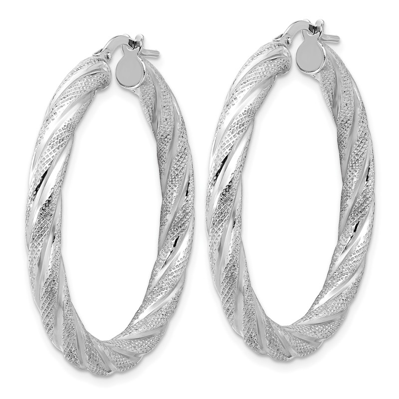 Sterling Silver Rh-plated Polished and Textured Round Hoops