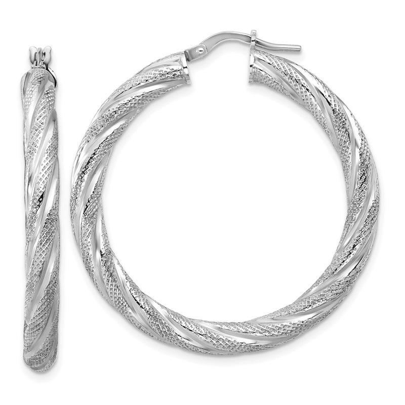 Sterling Silver Rh-plated Polished and Textured Round Hoops