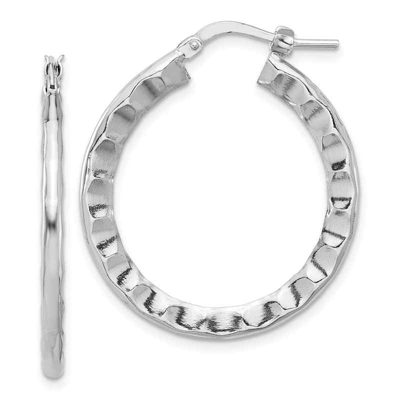 Sterling Silver Rh-plated Polished/Hammered Hoop Earrings