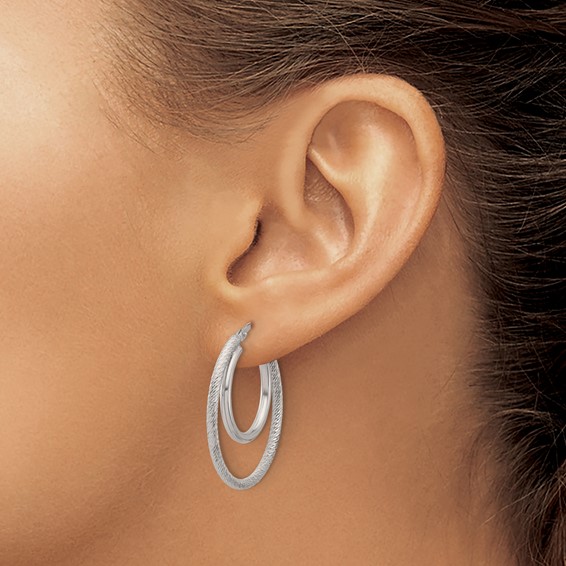 Leslie's Sterling Silver Rh-plat Polished and Textured Double Hoop Earrings