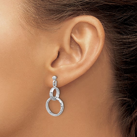 Leslie's SS RH-plat Polished / Dia-cut Circle Link Dangle Post Earrings