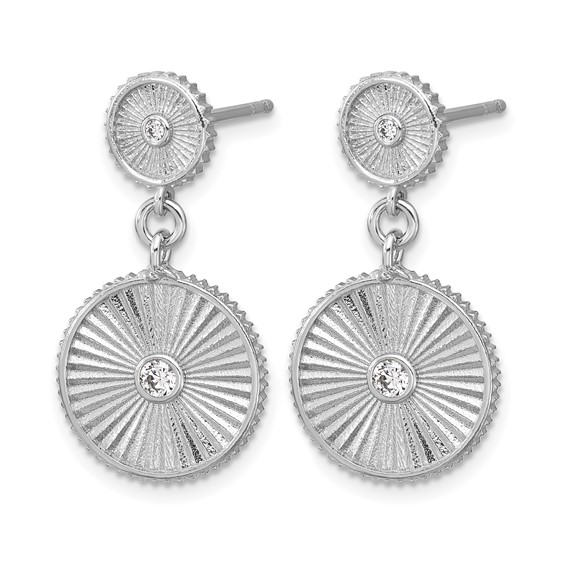 Leslie's SS RH-plat CZ Polished/Grooved Circle Dangle Post Earrings