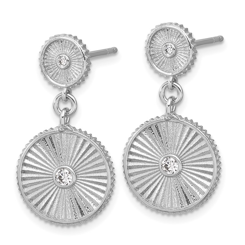 SS RH-plat CZ Polished/Grooved Circle Dangle Post Earrings