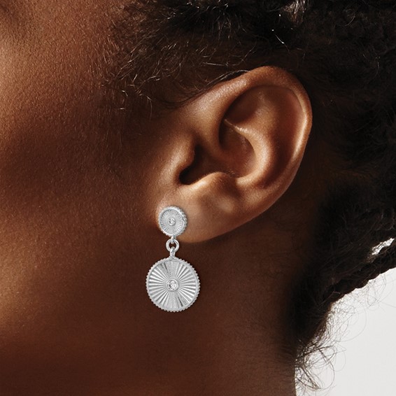 Leslie's SS RH-plat CZ Polished/Grooved Circle Dangle Post Earrings