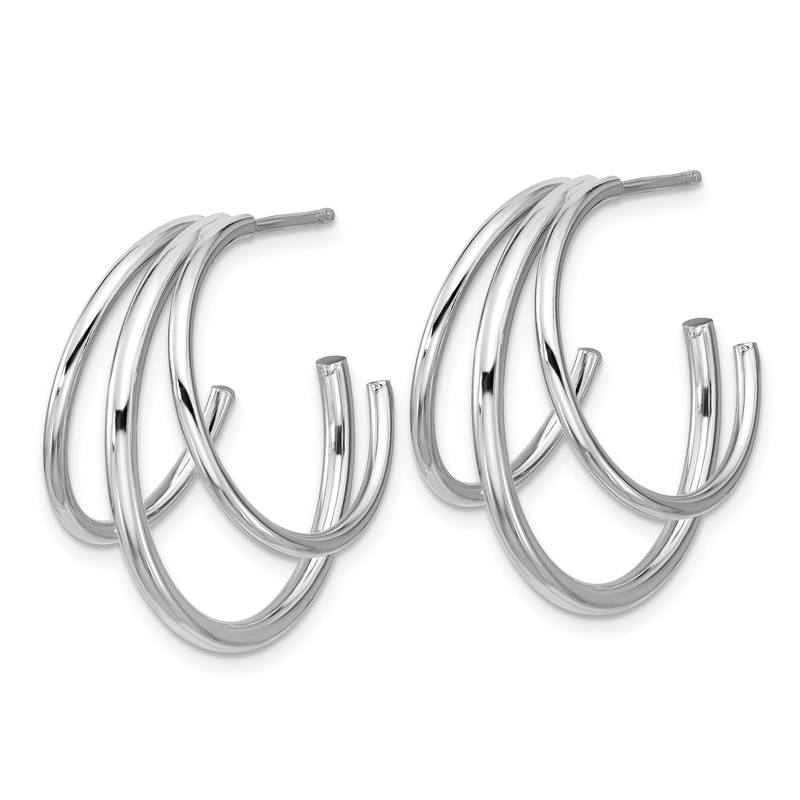 Sterling Silver RH-plated Polished 3-row J-hoop Post Earrings