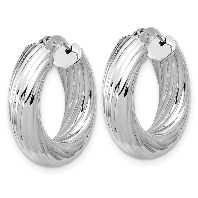 Sterling Silver RH-plat Polish/Grooved Round Hoop Earrings