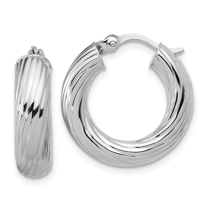 Sterling Silver RH-plat Polish/Grooved Round Hoop Earrings