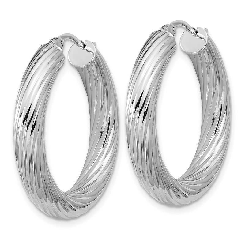 Sterling Silver RH-plat Polish/Grooved Round Hoop Earrings
