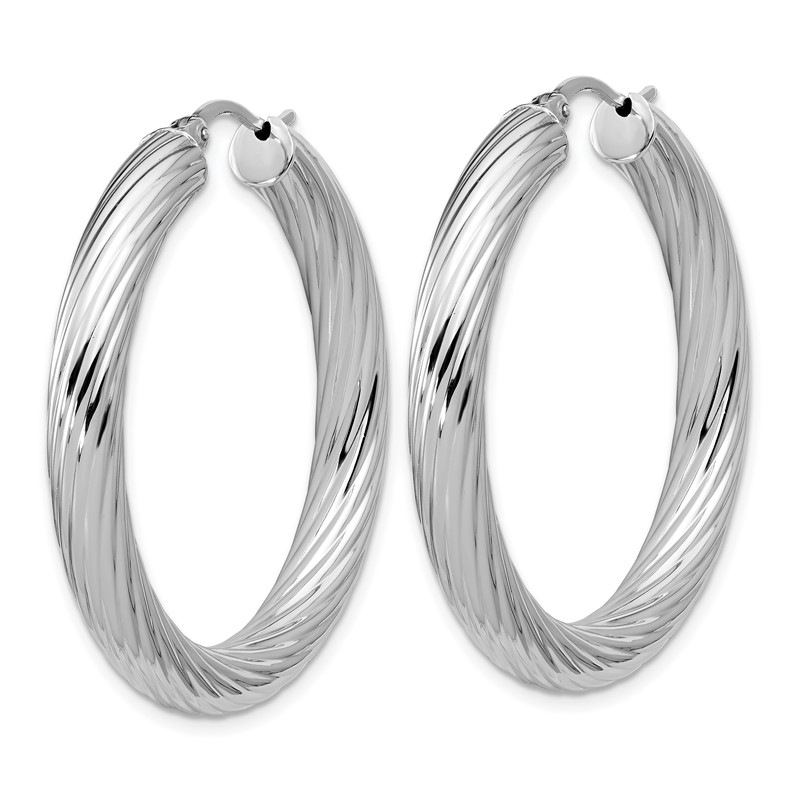 Sterling Silver RH-plat Polish/Grooved Round Hoop Earrings