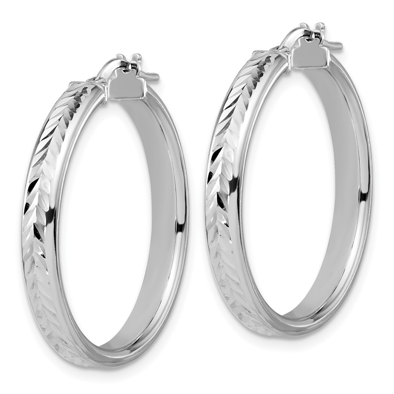 Sterling Silver RH-plat Polish/Dia-cut Round Hoop Earrings