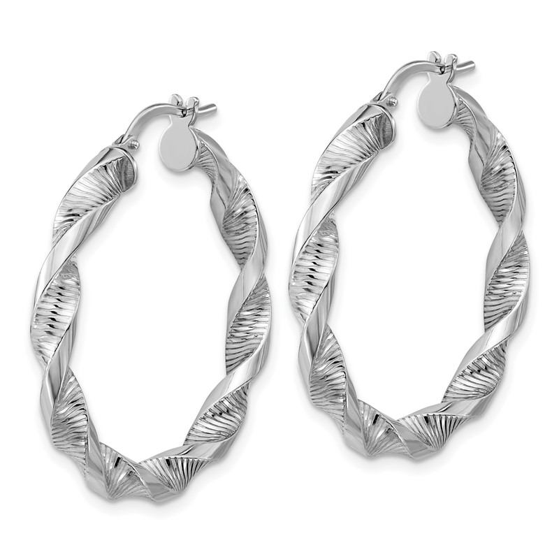 Sterling Silver RH-plat Polish/Textured Twist Hoop Earrings