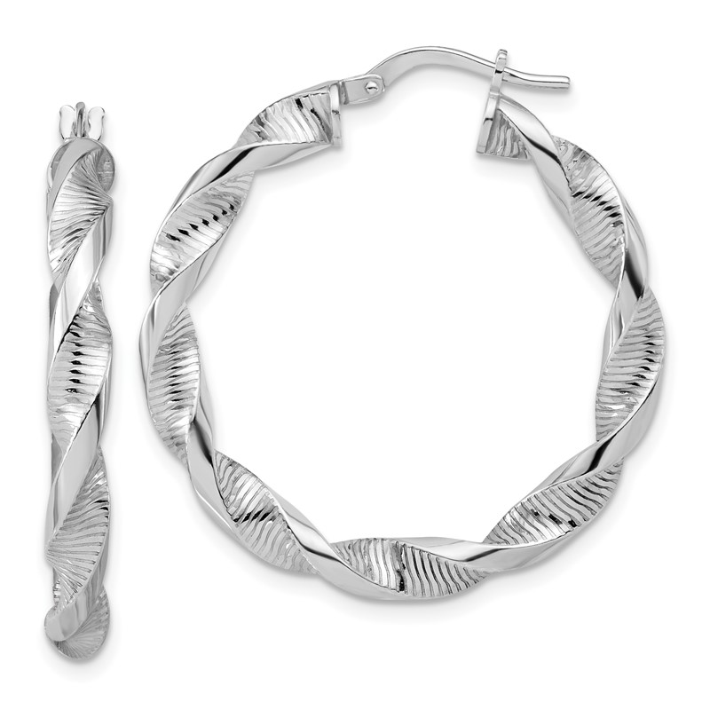 Sterling Silver RH-plat Polish/Textured Twist Hoop Earrings