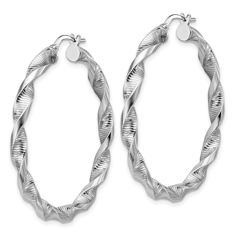 Sterling Silver RH-plat Polish/Textured Twist Hoop Earrings