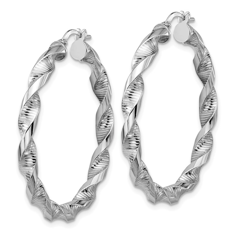 Sterling Silver RH-plat Polish/Textured Twist Hoop Earrings
