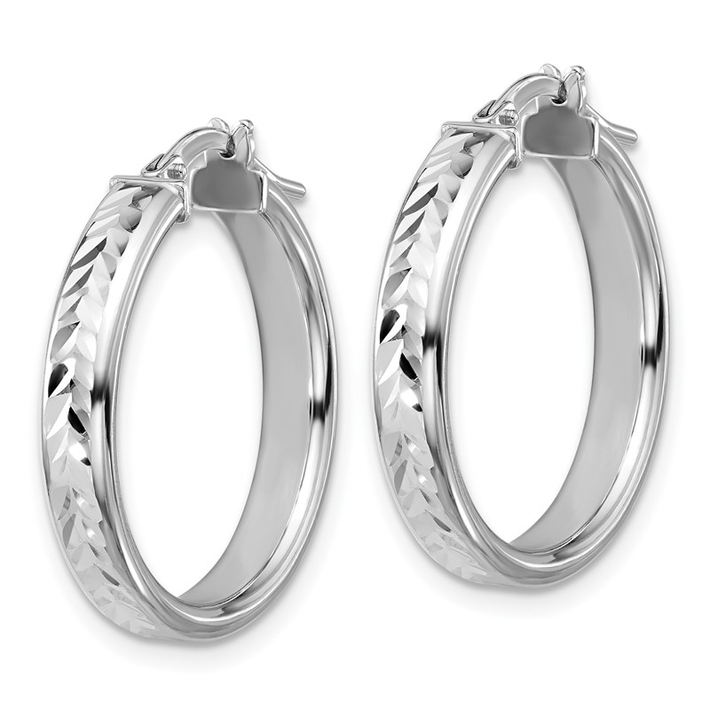 Sterling Silver RH-plat Polish/Dia-cut Round Hoop Earrings