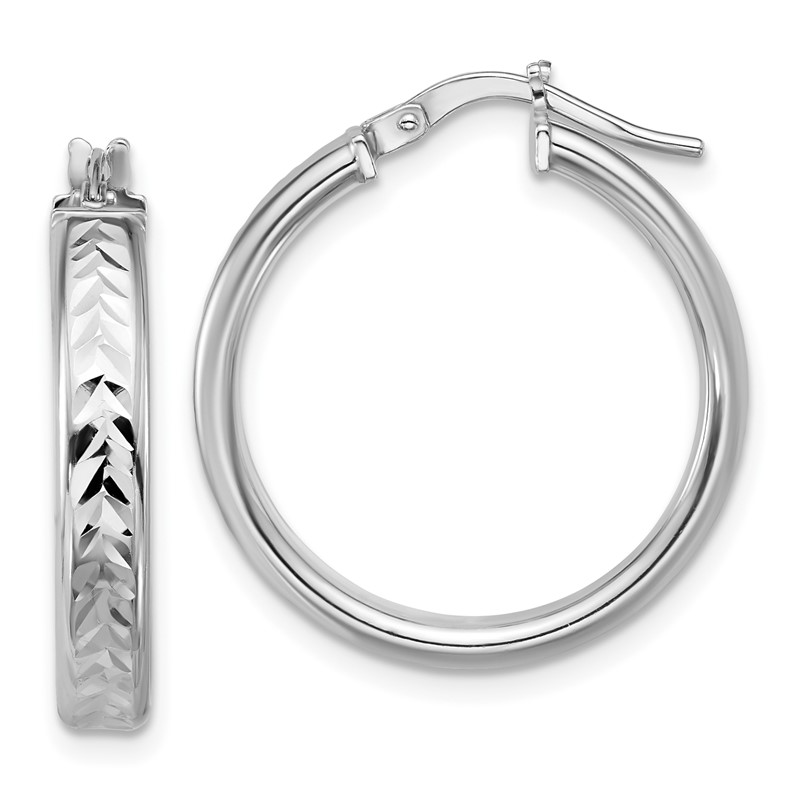 Sterling Silver RH-plat Polish/Dia-cut Round Hoop Earrings