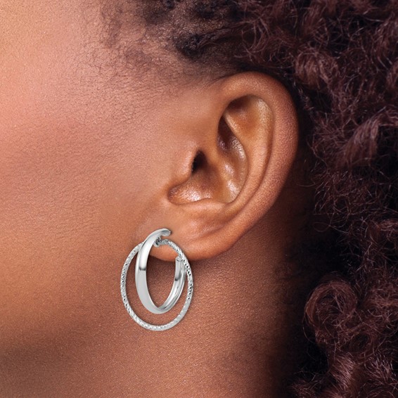 Leslie's SS RH-plated Polished / Dia-cut Fancy Circles Post J-Hoop Earrings