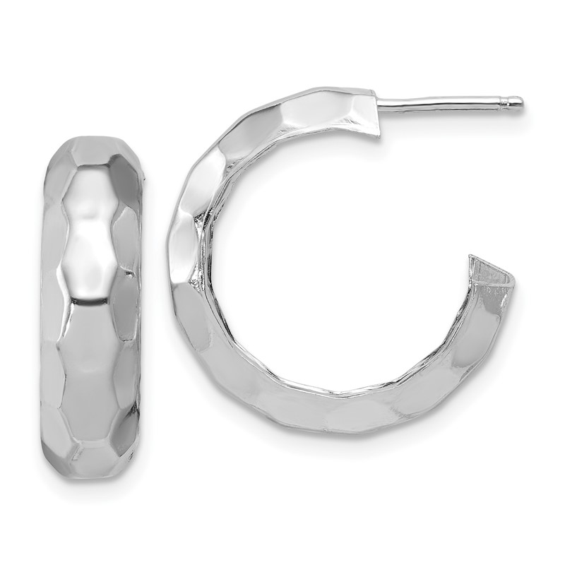 Sterling Silver RH-plat Polish Textured Post J-Hoop Earrings