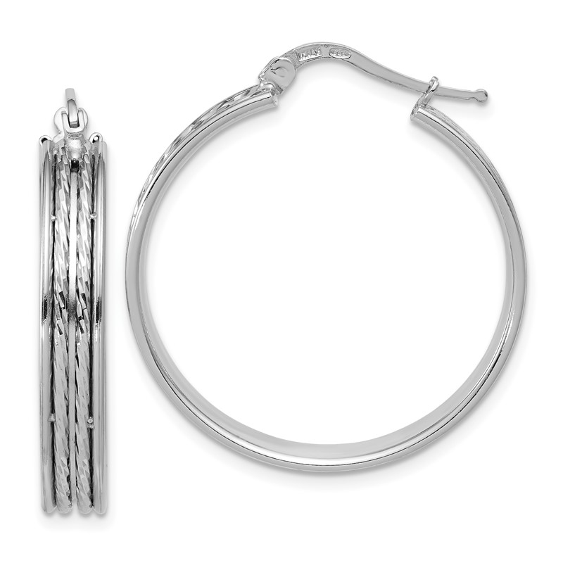 SS RH-plated Polished and D/C 31x5mm Round Hoop Earrings