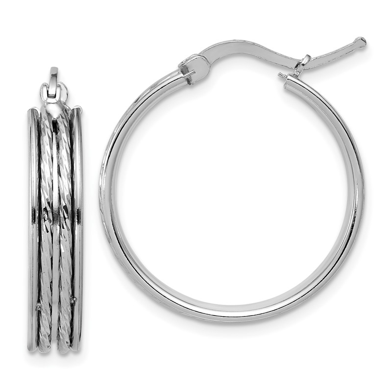 SS RH-plated Polished and D/C 25x5mm Round Hoop Earrings