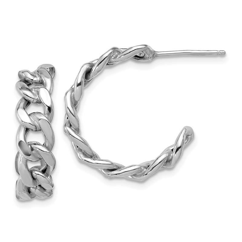 SS RH-pltd Polished 24x6.5mm Curb Link Post C-Hoop Earrings