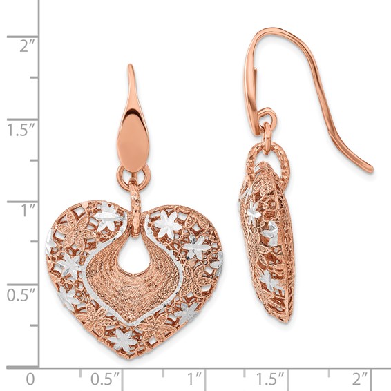 Leslie's Sterling Silver Rose-tone 24k Flash Plated Diamond-cut Heart Dangle Earrings