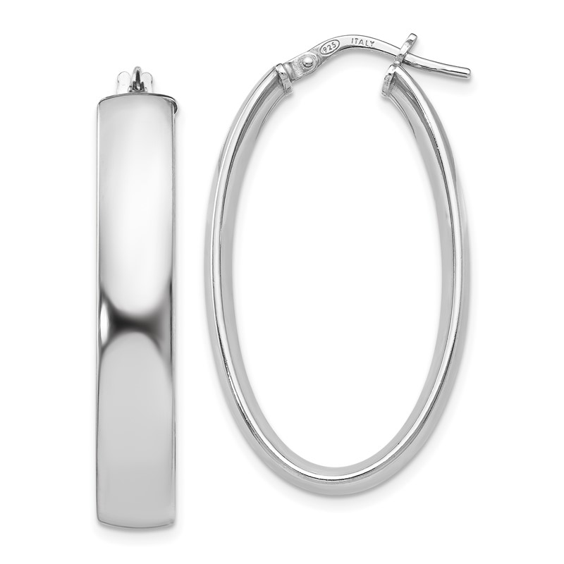 Sterling Silver RH-plated Polished Oval Hinged Hoop Earrings