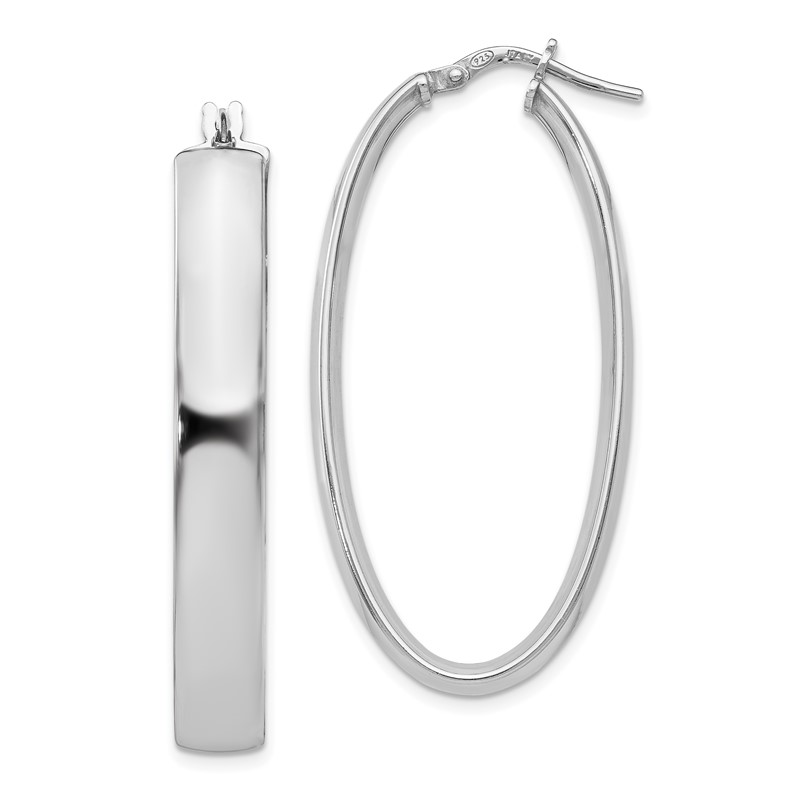 Sterling Silver RH-plated Polished Oval Hinged Hoop Earrings